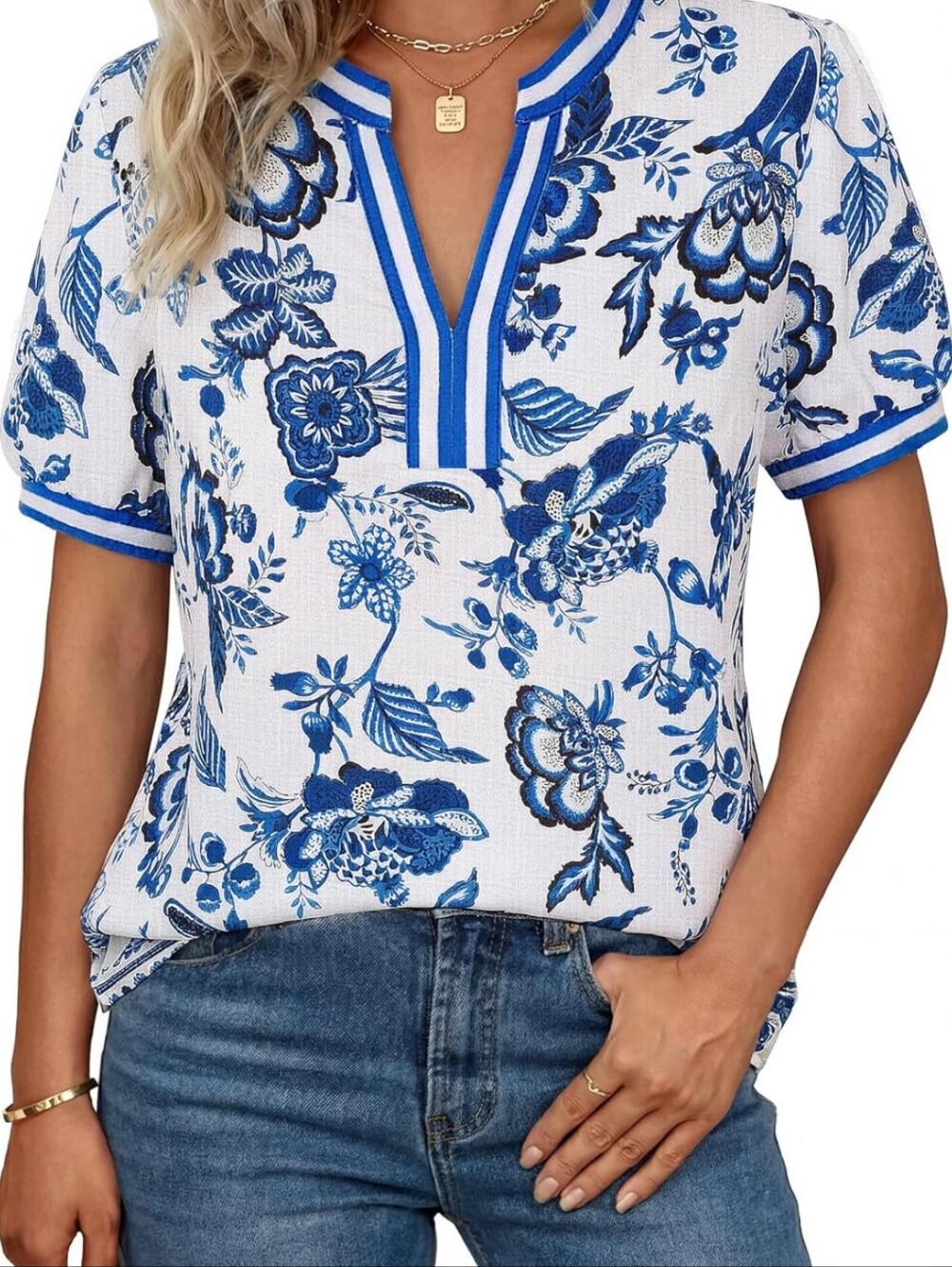 Grace Karin Blue & White Floral Button-Down Casual Shirt